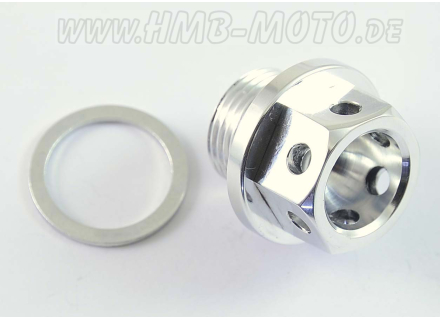 Screw plug, oil filler/drain hole. CNC Aluminium drilled, most models
