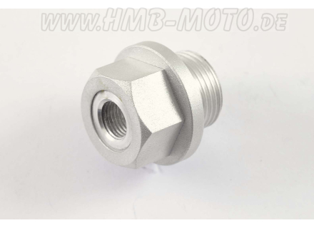 Screw plug, oil filler/drain hole. CNC Aluminium, with thread for temperature sensor.